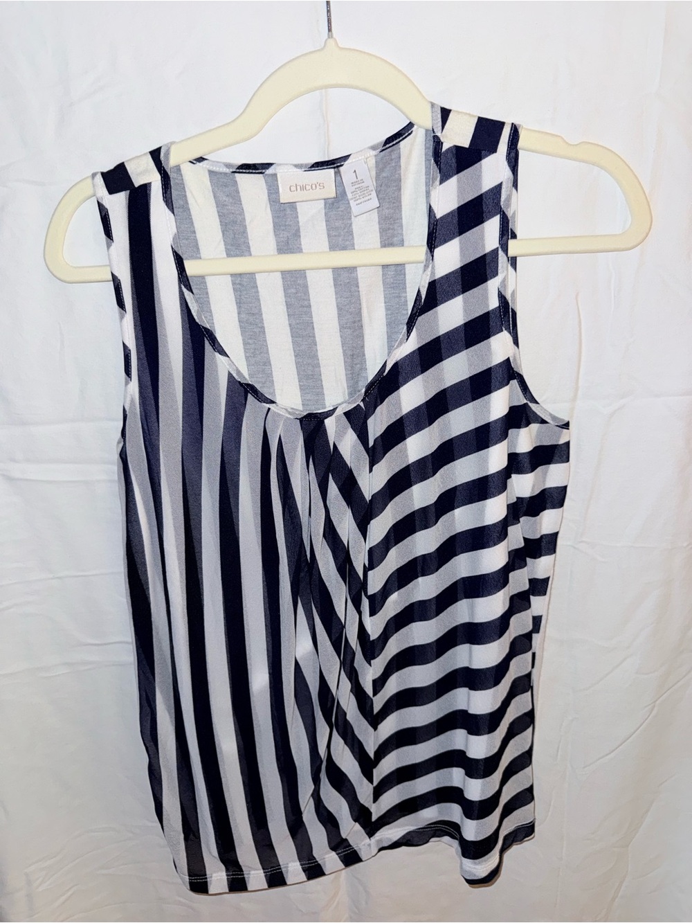 Chico’s Size 1 Navy Striped Sheer Overlay Tank Top